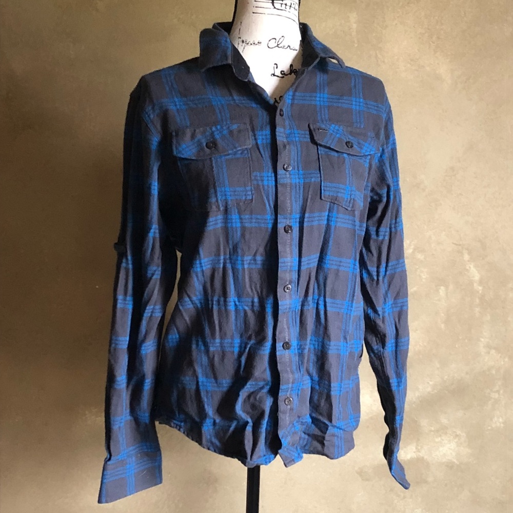 Med. Dark Grey and Blue plaid button down.